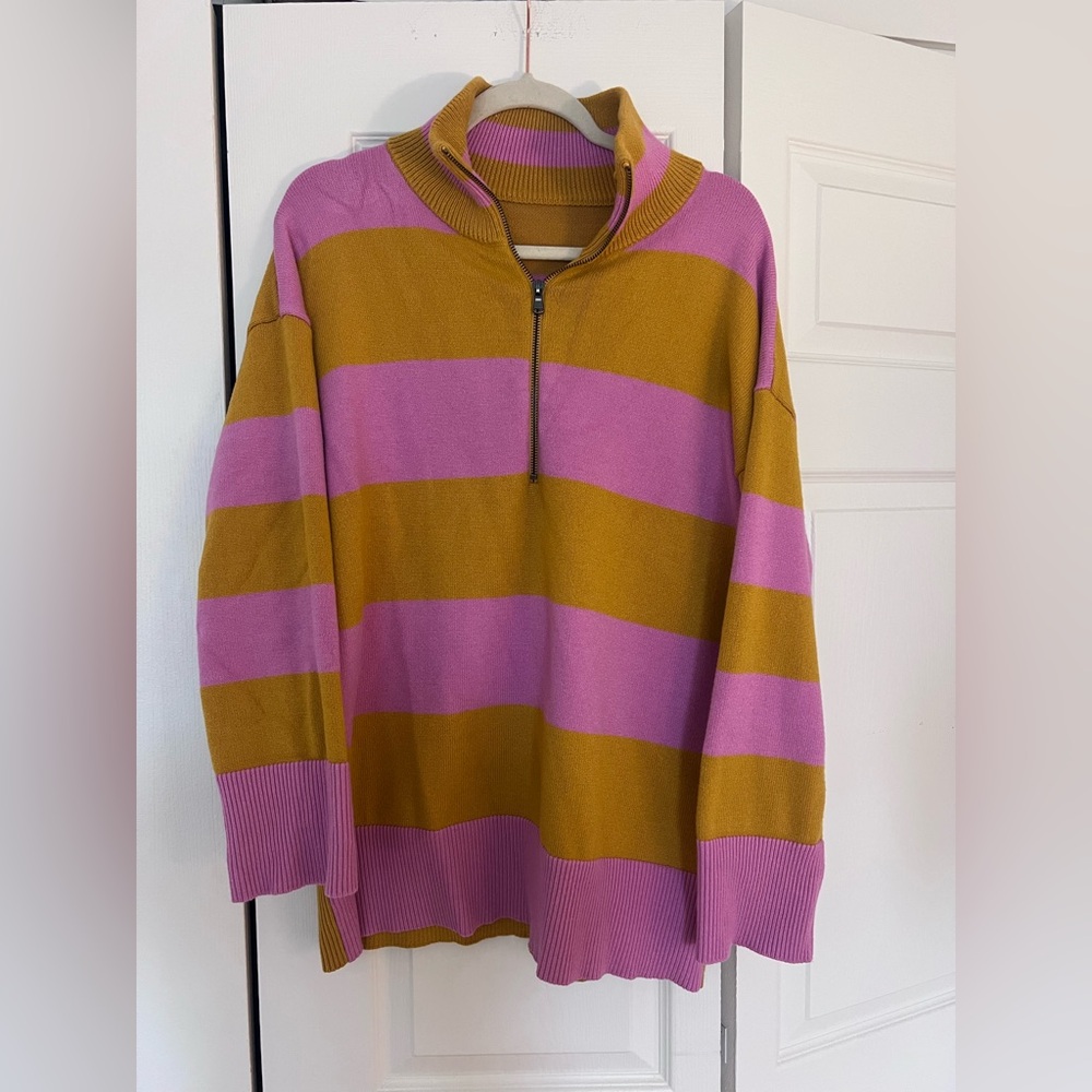Striped Pink and Mustard Quarter-Zip Sweater